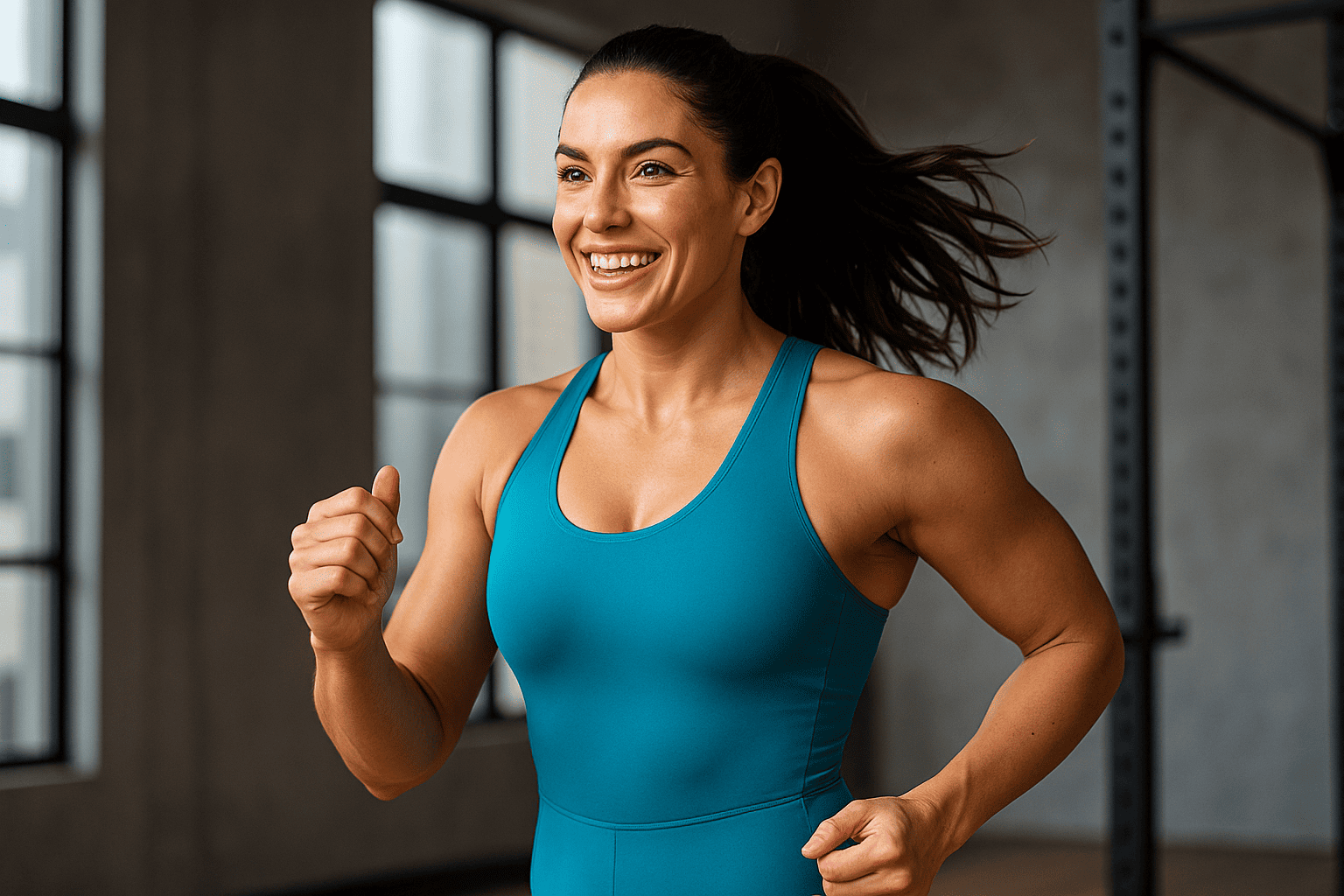 Mulher praticando exercício de alta intensidade com macaquinho fitness