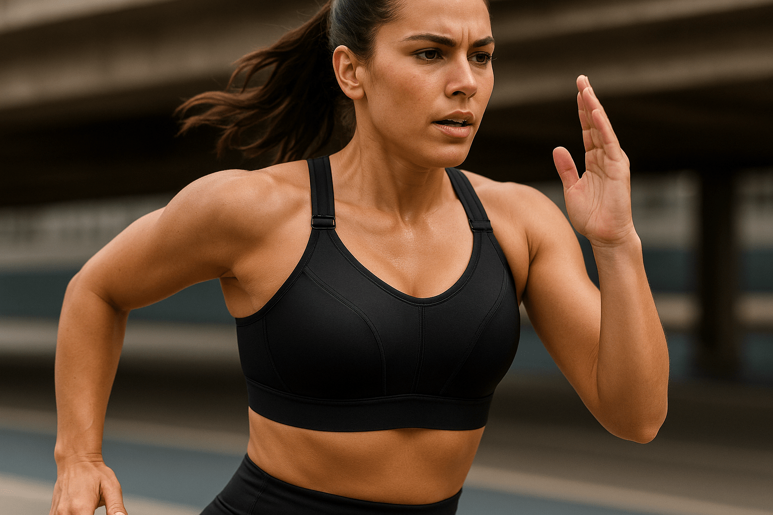 Mulher praticando um exercício de alto impacto usando um top de alta sustentação