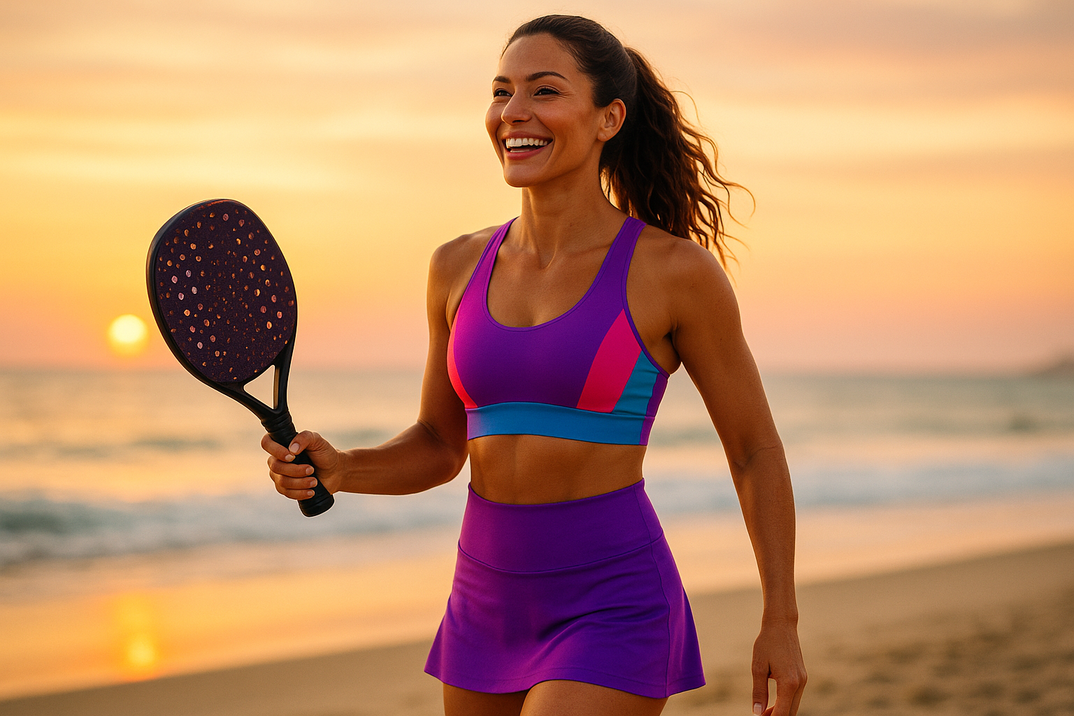 Mulher praticando beach tennis ao pôr do sol