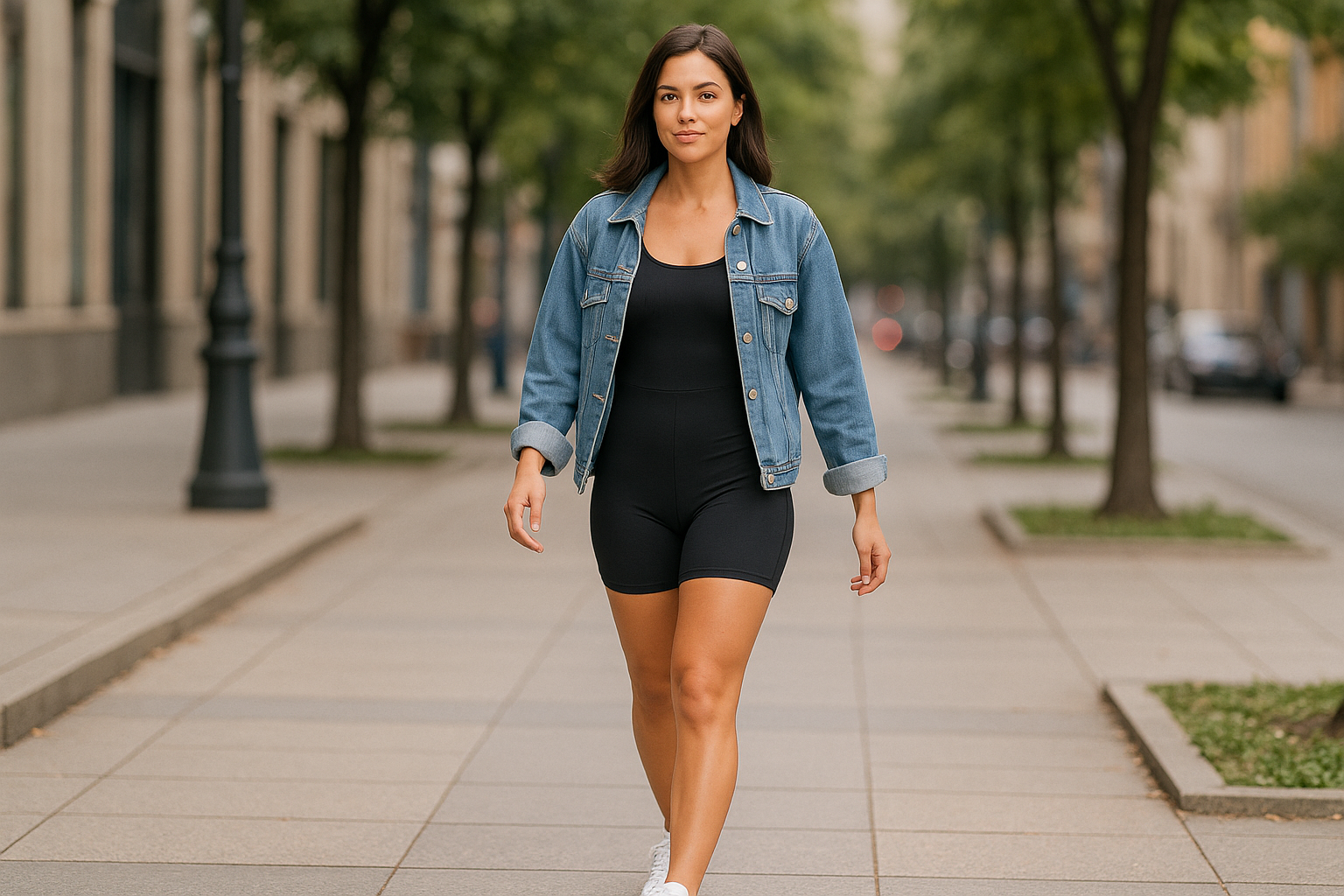 Mulher usando macaquinho fitness na rua