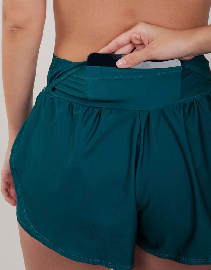 Short Corrida Feminino Duplo com bolso Sálvia