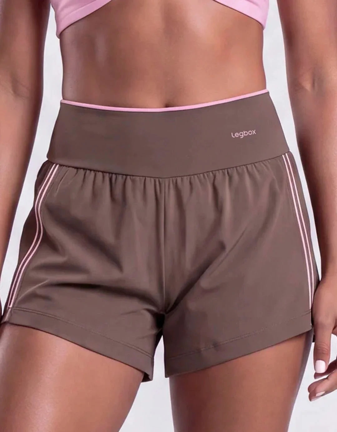 [CREATOR] 3 em 1 Marrom + Short Corrida Bolso Marrom Ganhe Top Race + Short Cintura Alta Rosa Claro